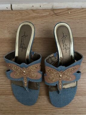 Hush Puppies Denim Blue Slide Heels with Gold Butterfly Accents